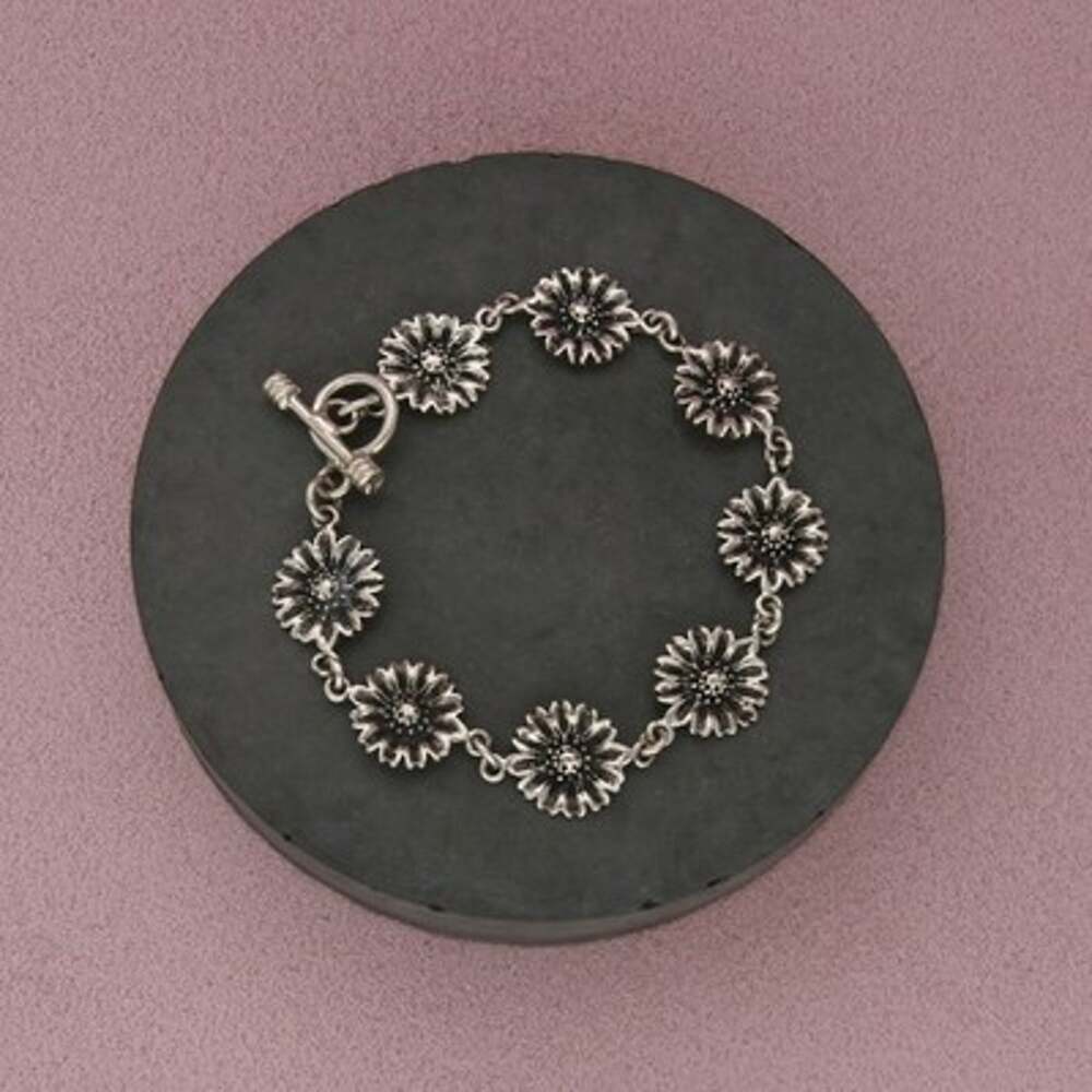 Sterling Silver Vintage Sunflower Toggle Link Bracelet Size 7in